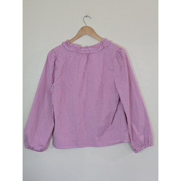 J. Crew Pink Striped Peasant Top Split Neck Ruffle Size Medium Long Sleeve - Picture 7 of 11
